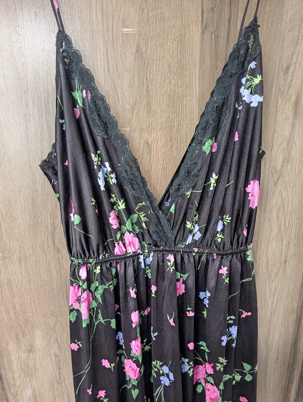 Vintage Nightgown Large Val Mode Black Floral Slip Dress Maxi Side Slit Lace